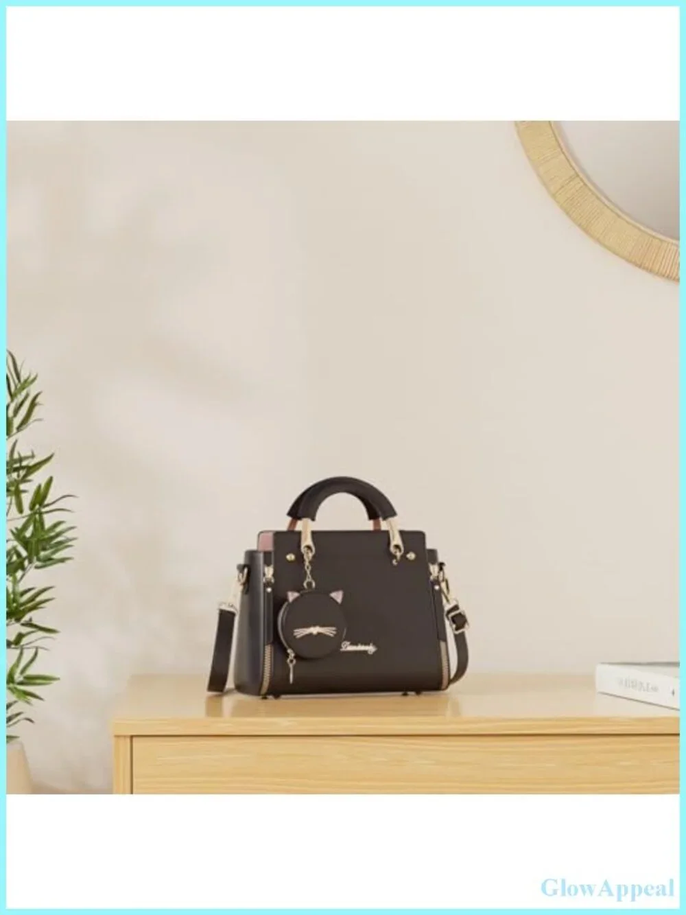 PU Leather Satchel Crossbody Bag with Kitten Pendant Small Tote